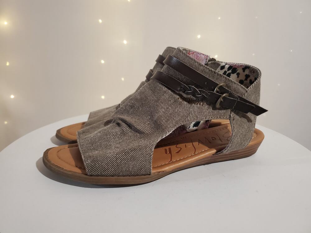 Blowfish Malibu Bella Open Toe Fabric Bootie Sandals Womens Size 8 Brown Tan